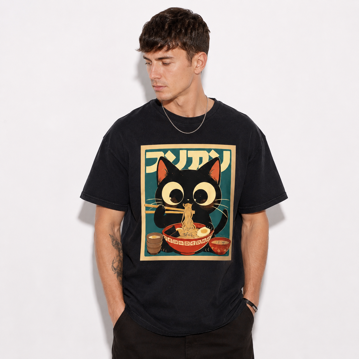 Anime Cat Ramen T-Shirt Japanese Kawaii Graphic Funny Streetwear Tee