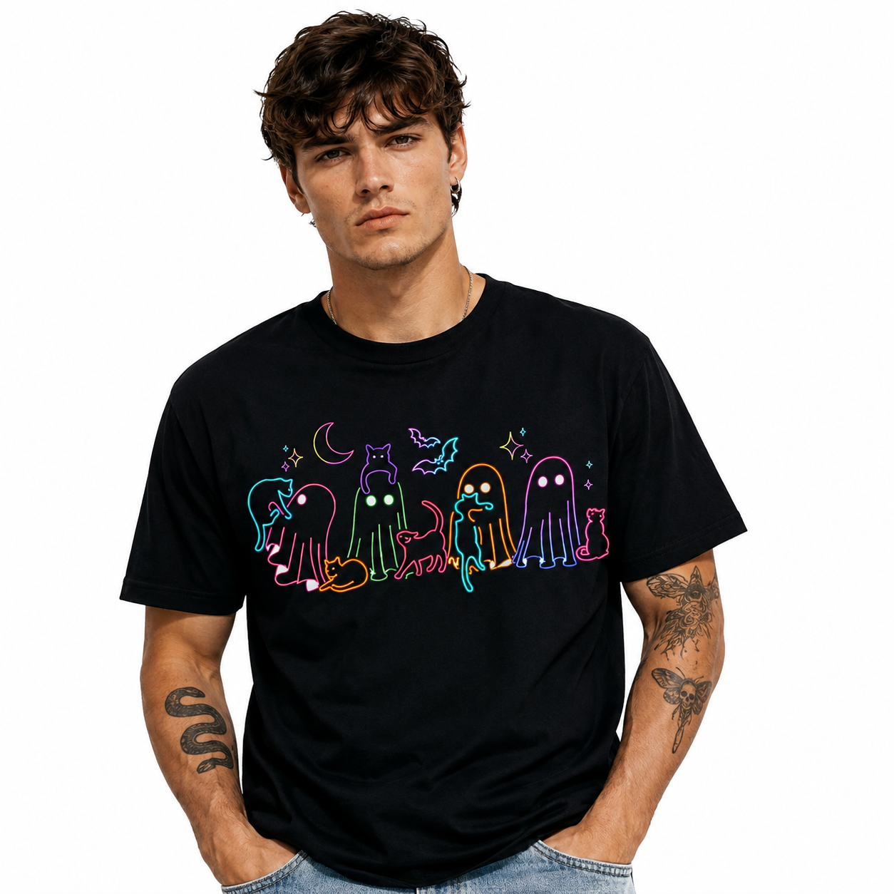 Neon Ghost Cat Halloween Spooky Cute Colorful Gothic Graphic Men's T-Shirt