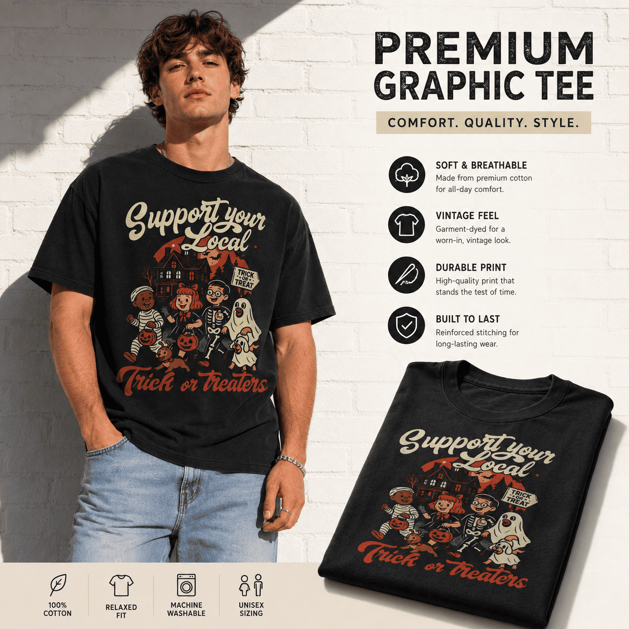 Support Your Local Trick or Treaters Retro Halloween Graphic Men's T-Shirt