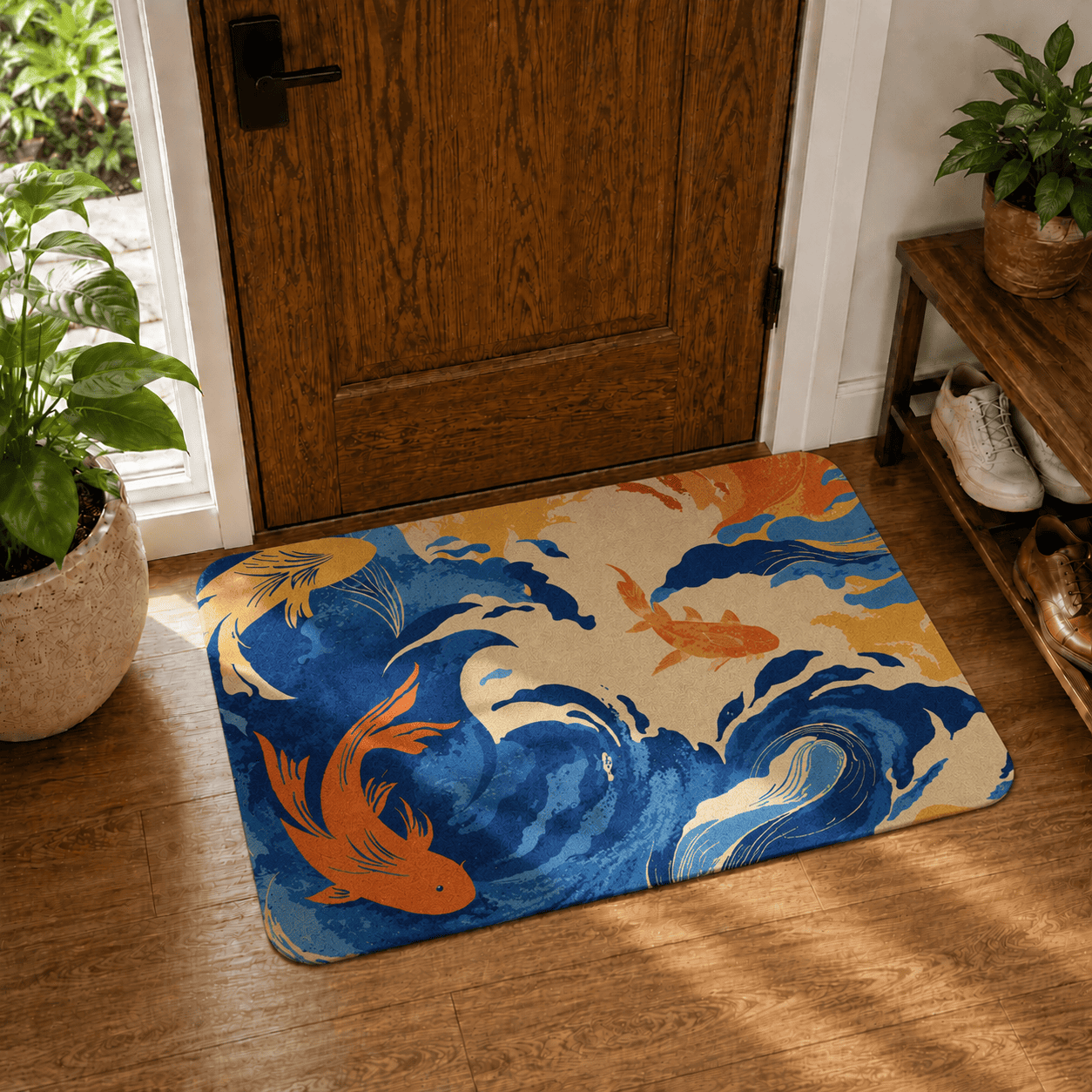 Japanese Koi Door Mat Quick Dry Super Absorbent Non Slip Fish Pattern