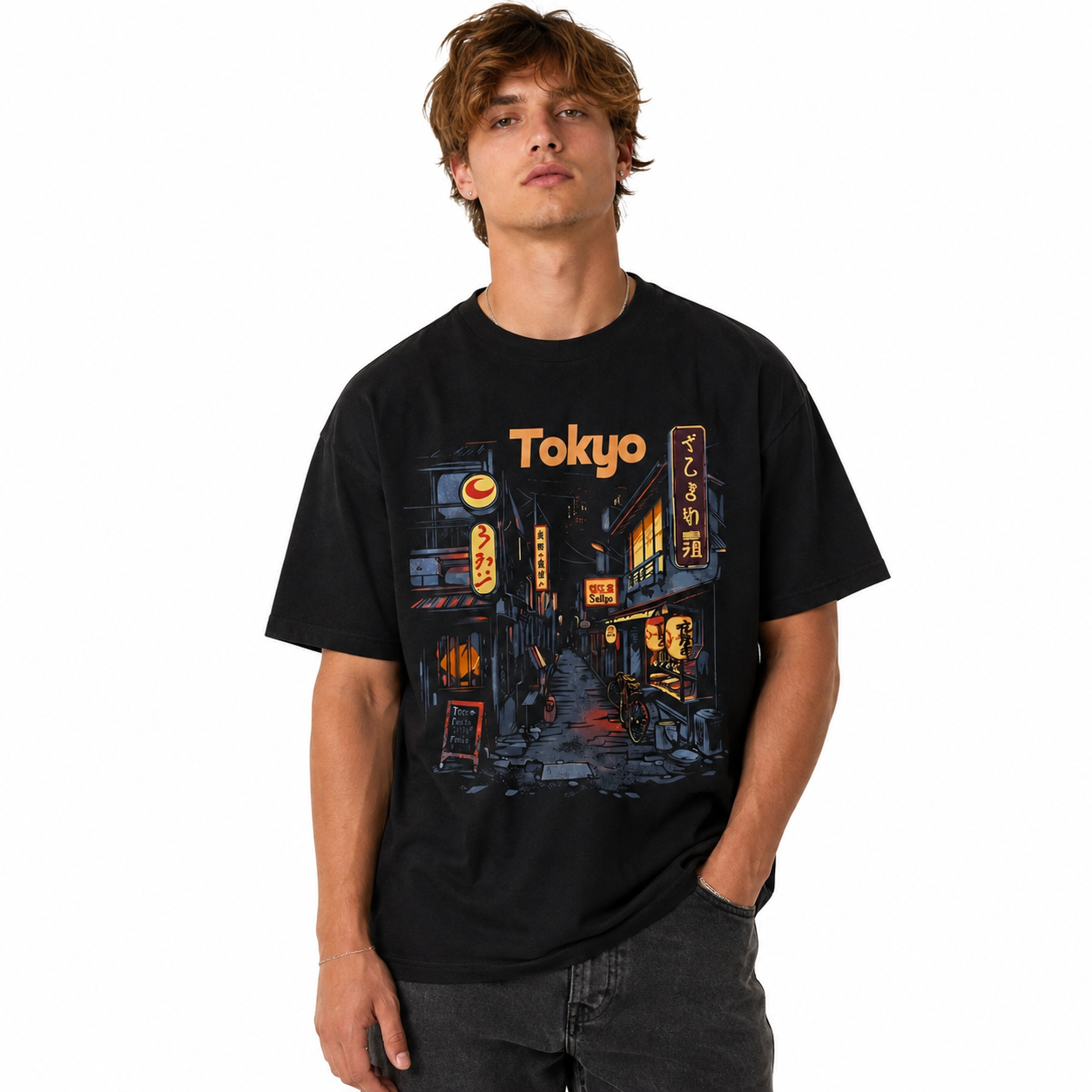 Tokyo Streetwear Tee - Japanese Alleyway Graphic - Retro Neon Night T-Shirt