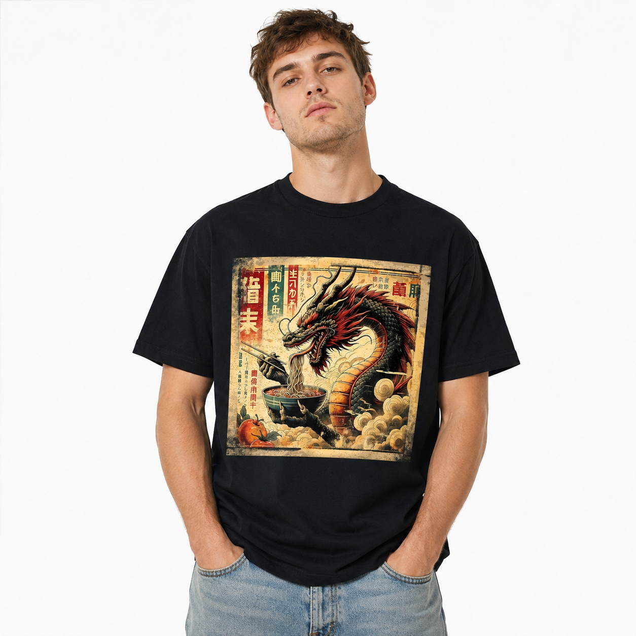 Japanese Dragon Ramen T-Shirt Vintage Anime Food Graphic Streetwear Tee