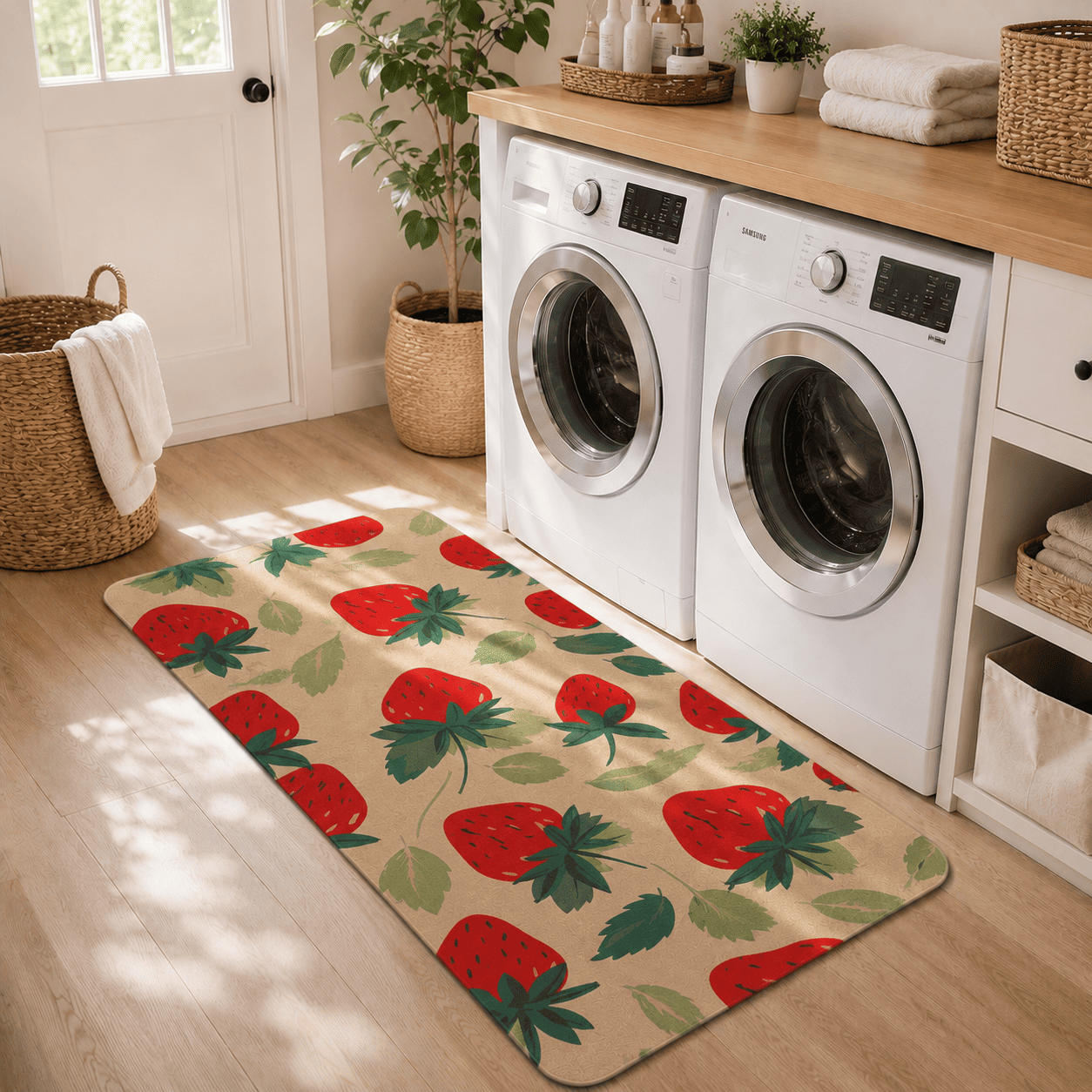 Cute Strawberry Kitchen Mat Quick Dry Super Absorbent Non Slip Fruit Decor
