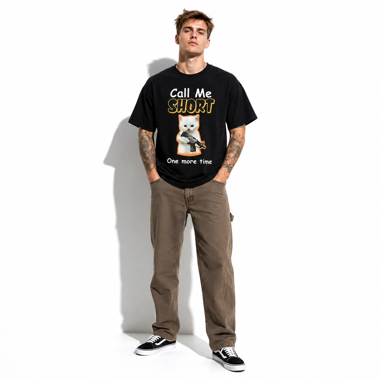 Funny Call Me Short One More Time Angry Cat Graphic T-Shirt for Men