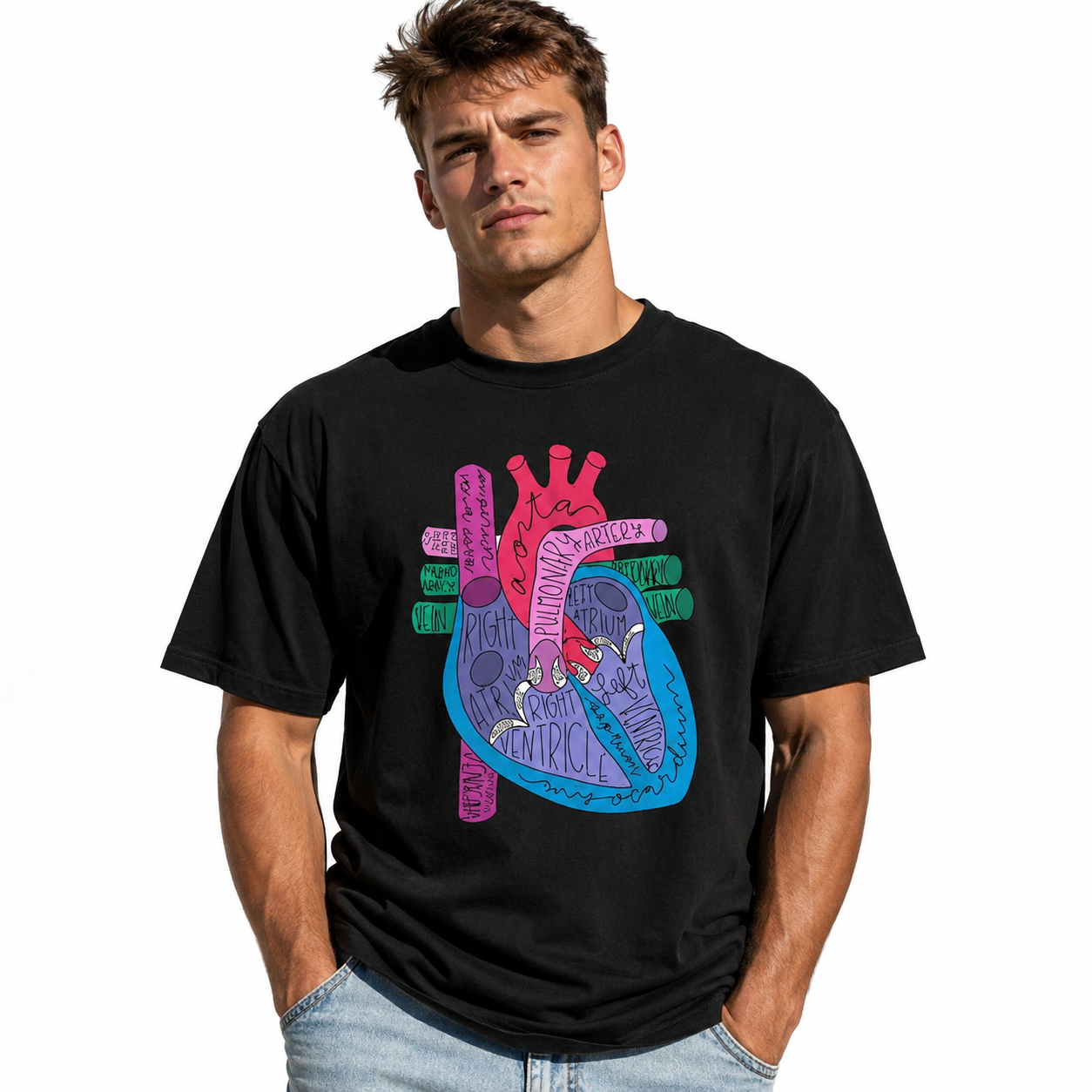 Anatomical Heart Graphic T-Shirt Colorful Medical Anatomy Art Tee for Men