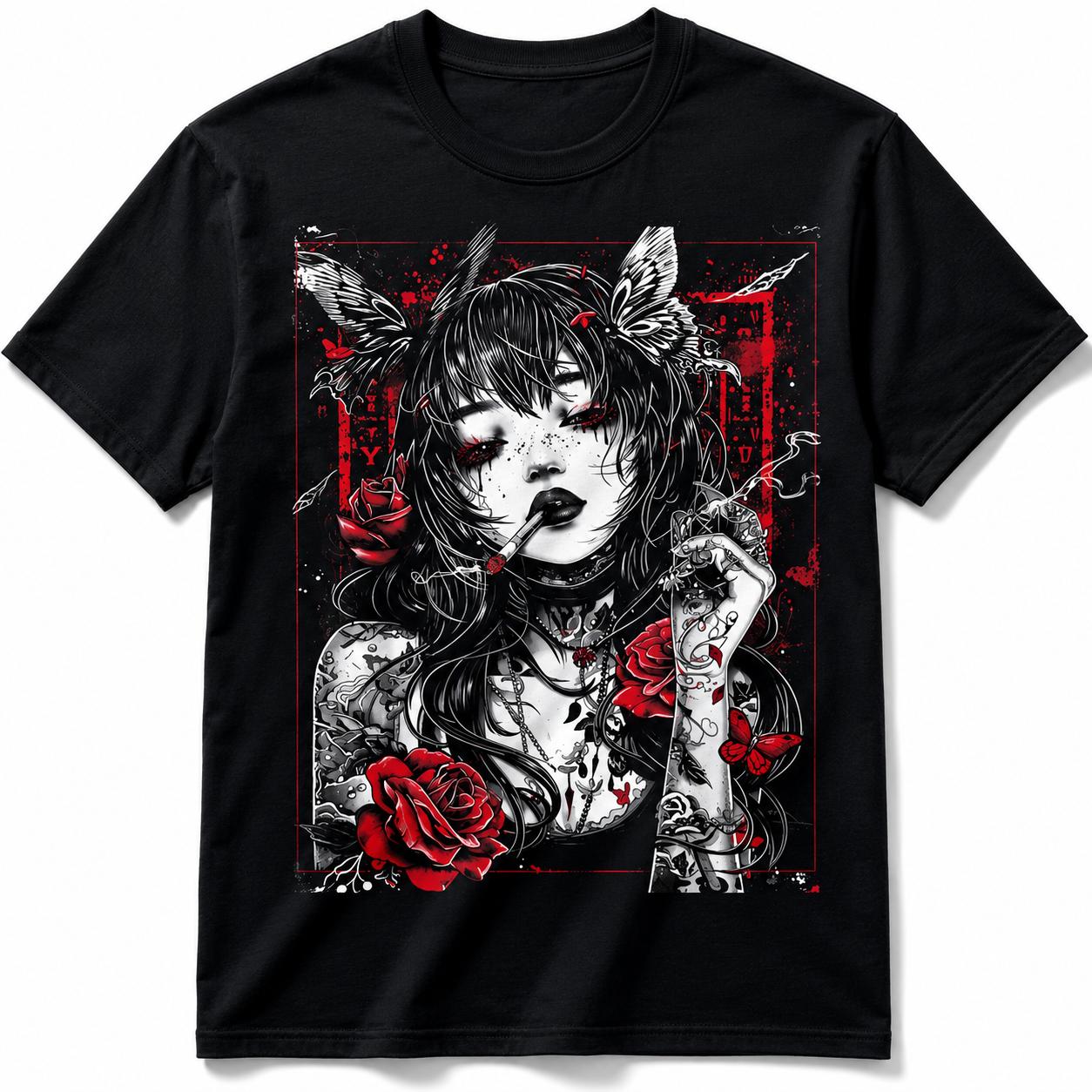Anime Cyberpunk City T Shirt Gothic Roses Japanese Vintage Graphic Tee