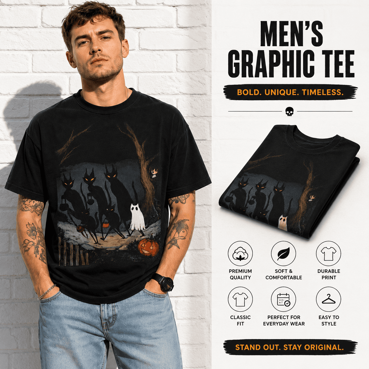 Black Cats Ghost Trick or Treat Spooky Halloween Graphic Men's T-Shirt