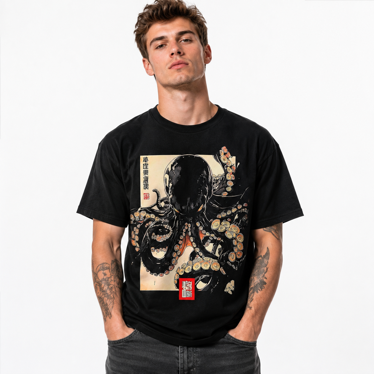 Dark Octopus Japanese Art Graphic T-Shirt Retro Ocean Streetwear Casual Tee