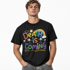 Death Is Coming Funny Dark Humor Rainbow Skeleton Halloween Men's T-Shirt