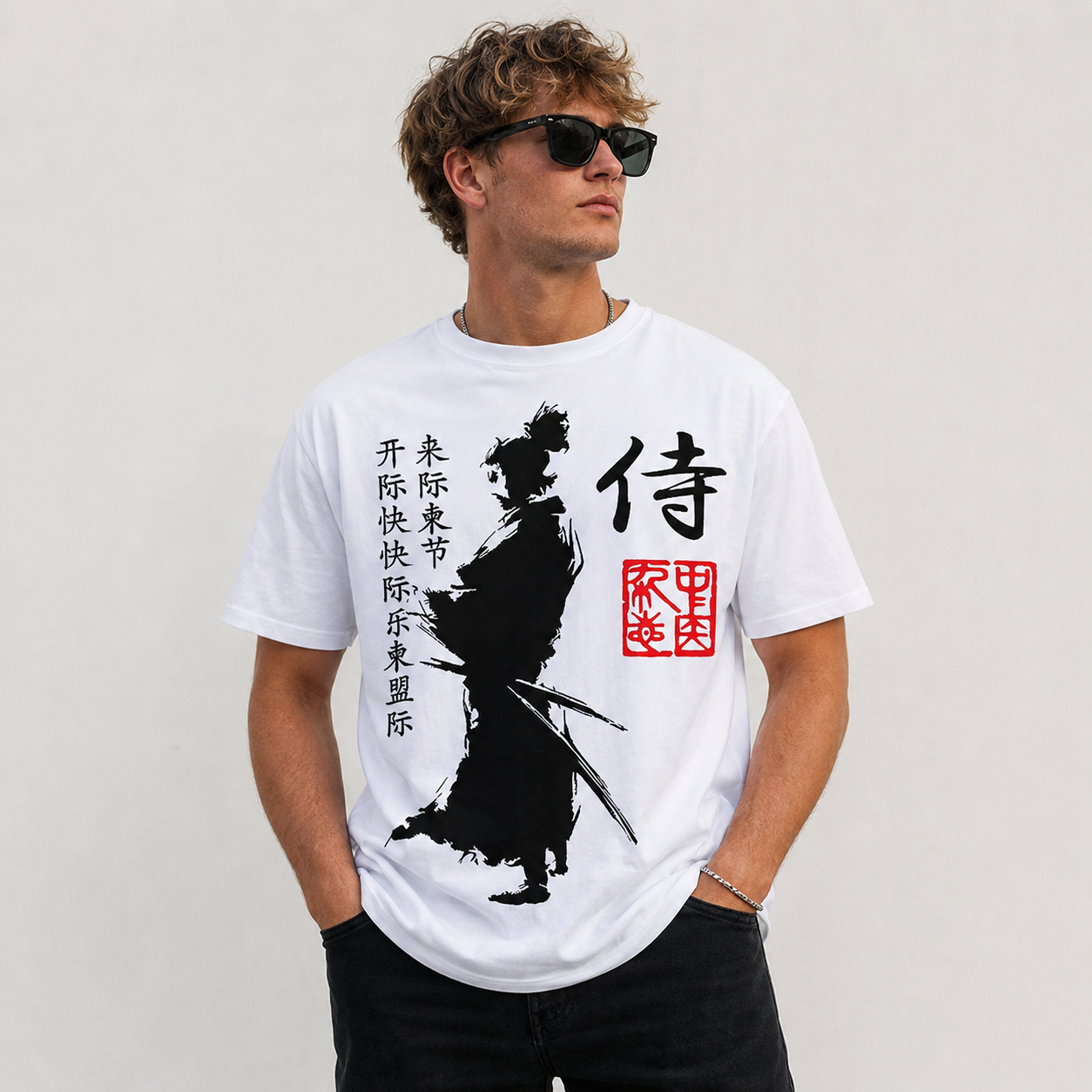 Samurai Silhouette Graphic T-Shirt Japanese Warrior Kanji Red Seal Tee