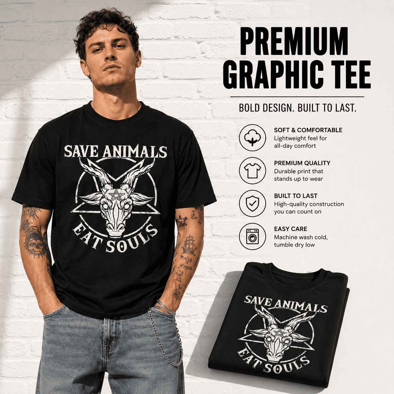 Save Animals Eat Souls Funny Goat Occult Dark Humor Gothic Men's T-Shirt