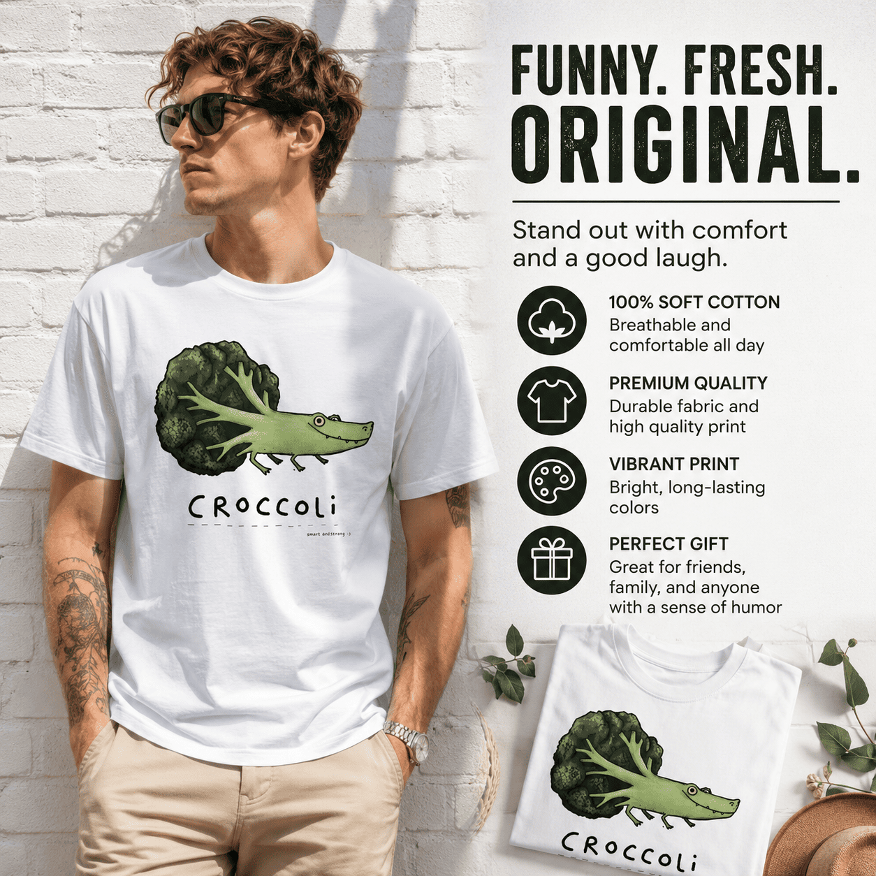 Croccoli Funny Broccoli Crocodile Graphic T-Shirt Cute Food Pun Tee for Men