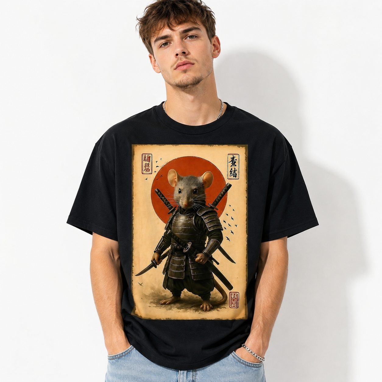 Vintage Japanese Samurai Rat Warrior Graphic Unisex T-Shirt Anime Style Art Tee