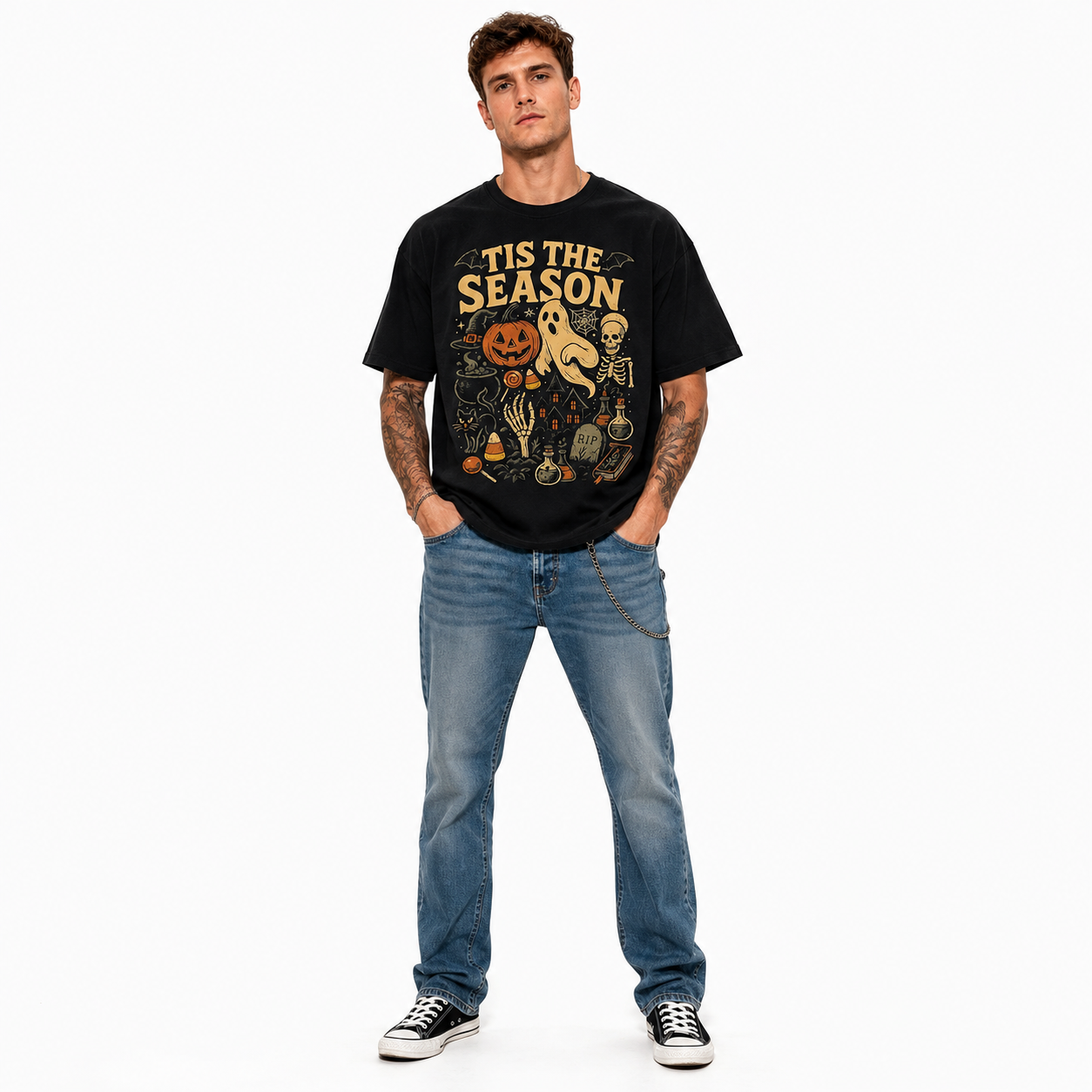 Tis The Season Halloween Ghost Pumpkin Skeleton Spooky Graphic Men's T-Shirt
