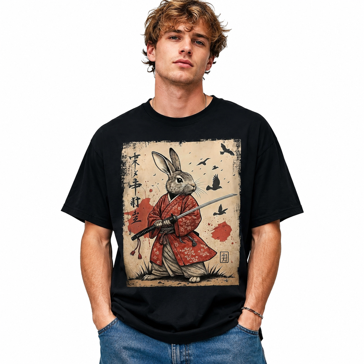 Samurai Rabbit Japanese Anime Graphic T-Shirt Retro Manga Streetwear Tee