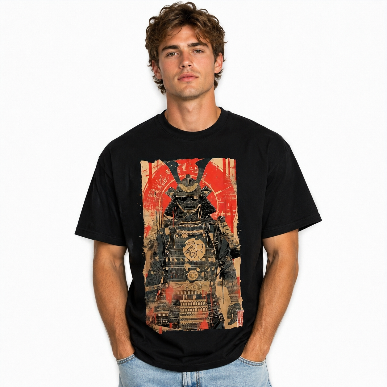 Vintage Japanese Samurai Graphic T-Shirt Black Gold Warrior Retro Tee