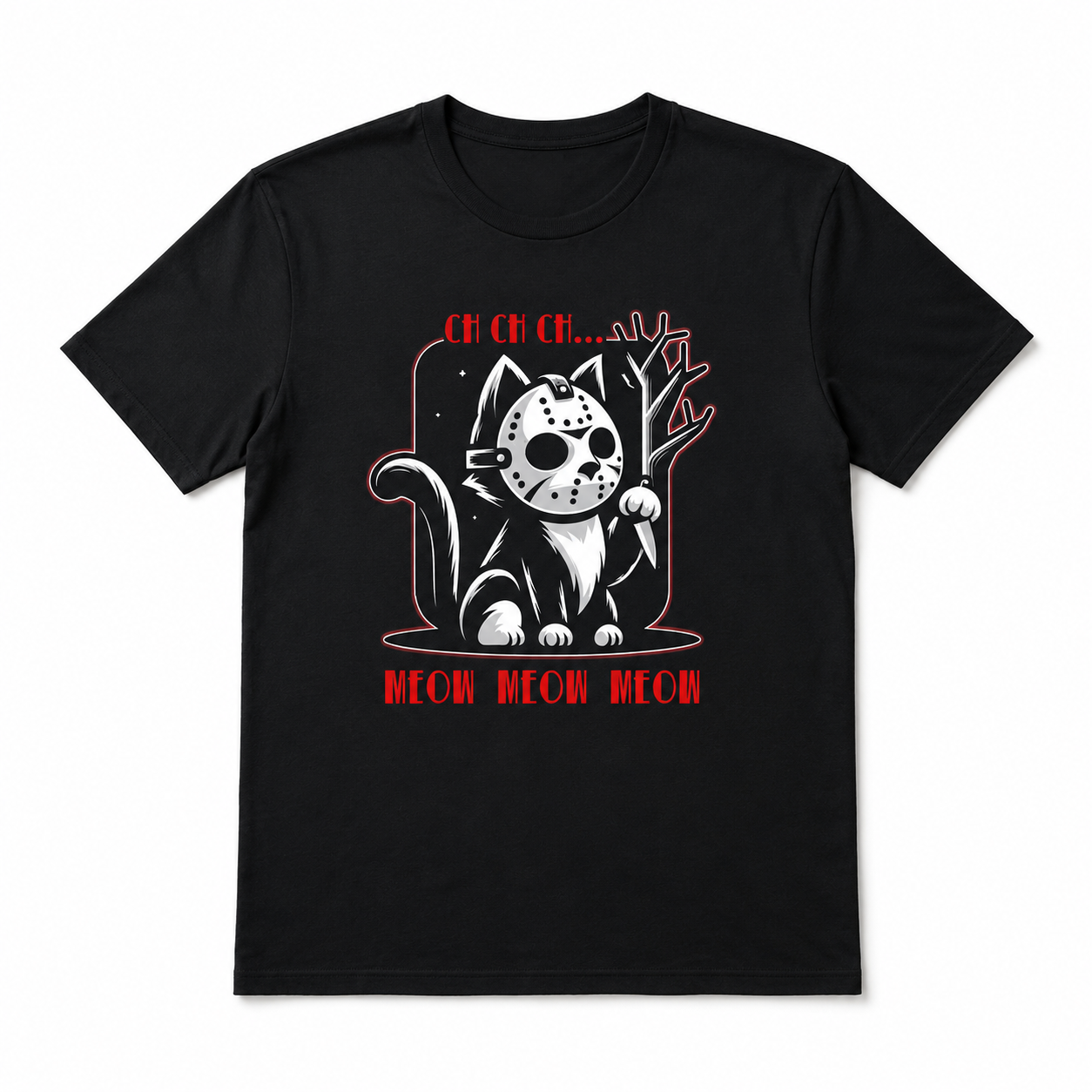 Funny Killer Cat Hockey Mask Meow Halloween Horror Graphic Men's T-Shirt
