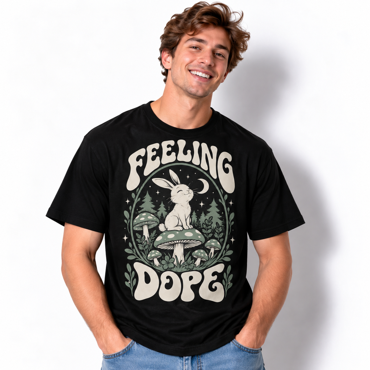 Feeling Dope Retro Rabbit Mushroom Forest Men's Graphic T-Shirt