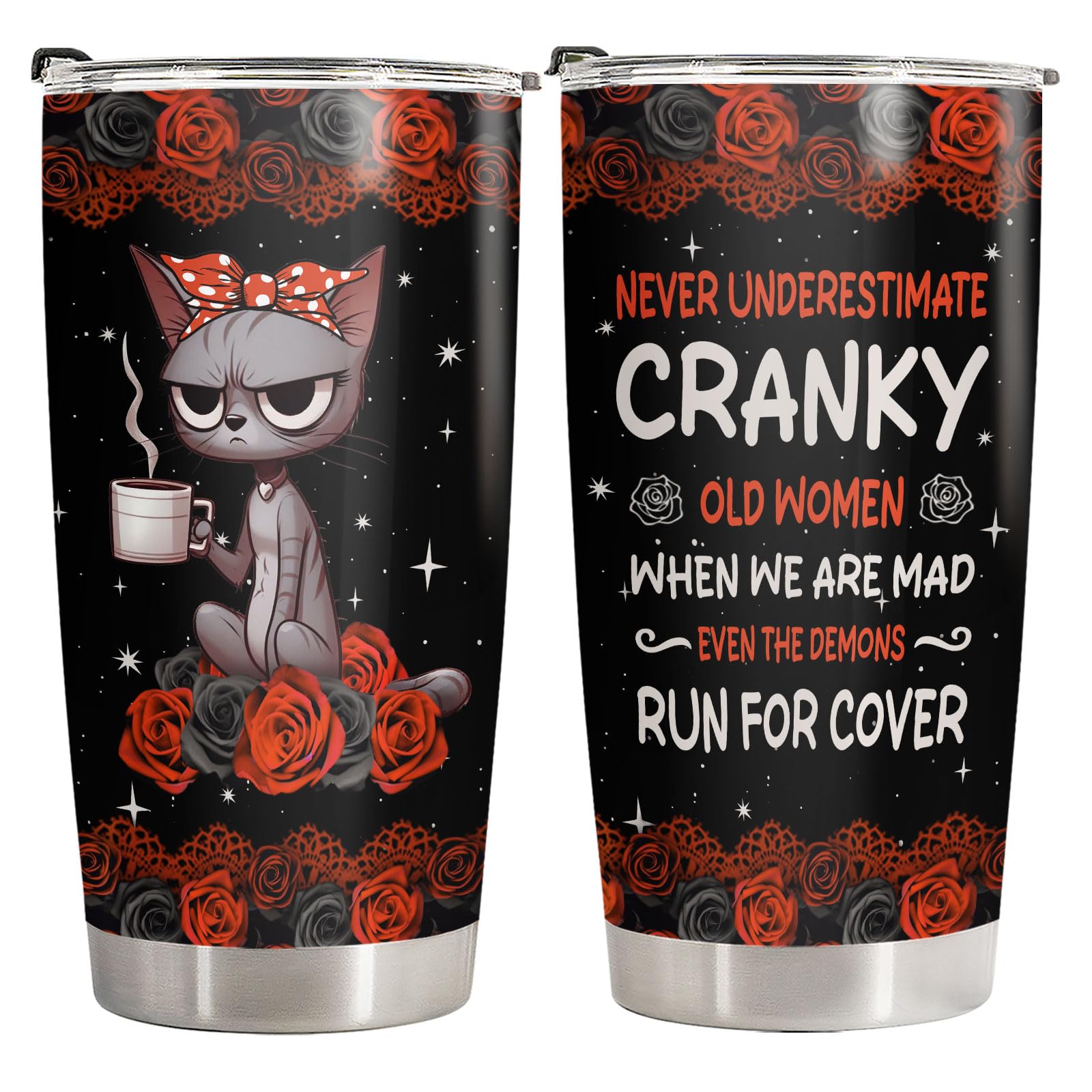 34HD Funny Black Cat Tumbler with Lid, 20oz Stainless Steel Vacuum Insulated Everything Is Fine Cup, Cat Lover Gifts for Women Birthday Mothers Day Halloween Christmas
