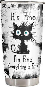 34HD Funny Black Cat Tumbler with Lid, 20oz Stainless Steel Vacuum Insulated Everything Is Fine Cup, Cat Lover Gifts for Women Birthday Mothers Day Halloween Christmas