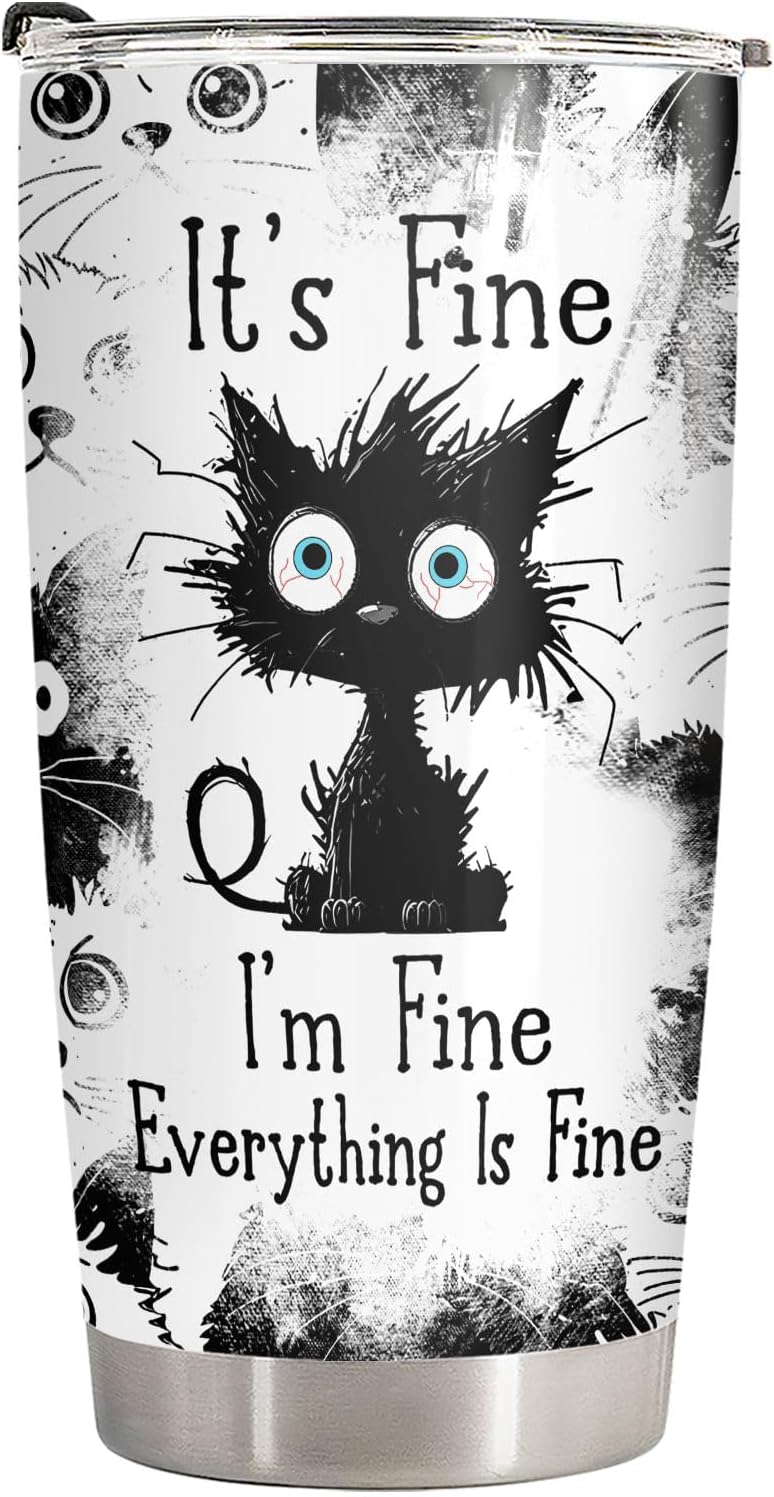 34HD Funny Black Cat Tumbler with Lid, 20oz Stainless Steel Vacuum Insulated Everything Is Fine Cup, Cat Lover Gifts for Women Birthday Mothers Day Halloween Christmas