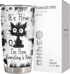 34HD Funny Black Cat Tumbler with Lid, 20oz Stainless Steel Vacuum Insulated Everything Is Fine Cup, Cat Lover Gifts for Women Birthday Mothers Day Halloween Christmas