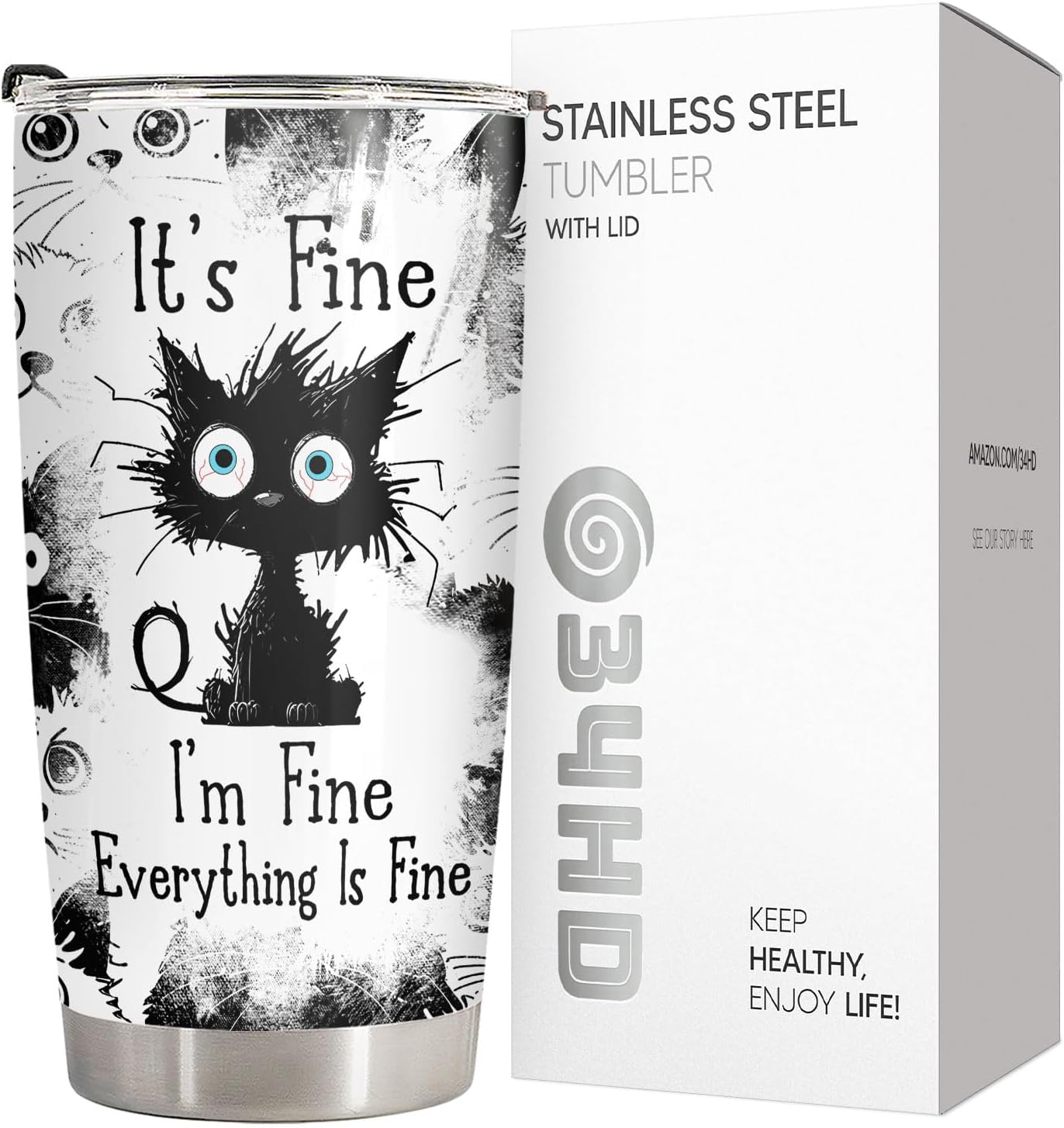 34HD Funny Black Cat Tumbler with Lid, 20oz Stainless Steel Vacuum Insulated Everything Is Fine Cup, Cat Lover Gifts for Women Birthday Mothers Day Halloween Christmas
