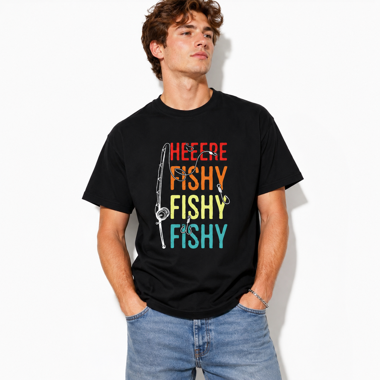 Here Fishy Funny Fishing Graphic T Shirt Retro Angler Fisherman Outdoor Gift