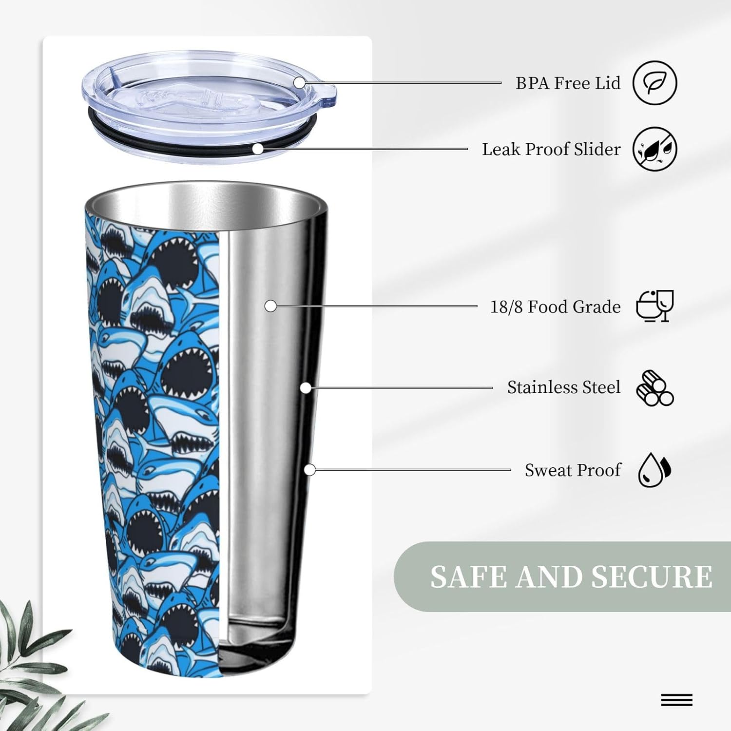 Angry Shark Tumbler, Blue Sharks 20oz Stainless Steel Insulated Travel Tumblers,Travel Coffee Mug with Lid and Straw Cups Gifts for Women Men