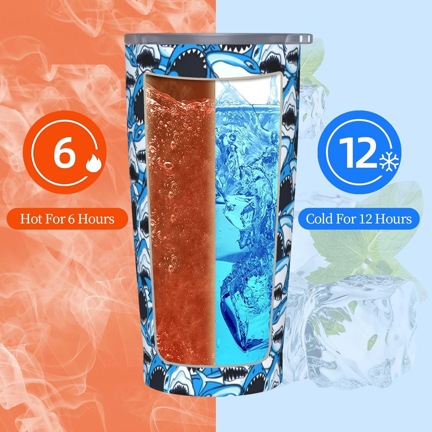 Angry Shark Tumbler, Blue Sharks 20oz Stainless Steel Insulated Travel Tumblers,Travel Coffee Mug with Lid and Straw Cups Gifts for Women Men