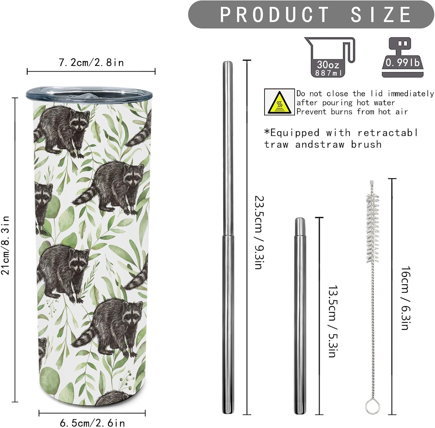Raccoon Realistic Animal Tumbler, 20oz Insulated Stainless Steel Tumbler with Lid, Raccoon Themed Gifts Coffee Travel Mug Cup for Hot and Cold Drinks