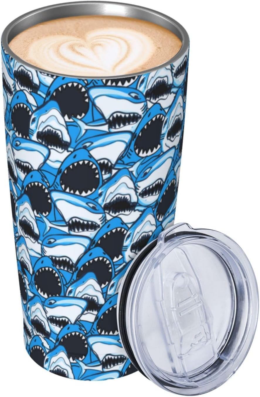 Angry Shark Tumbler, Blue Sharks 20oz Stainless Steel Insulated Travel Tumblers,Travel Coffee Mug with Lid and Straw Cups Gifts for Women Men