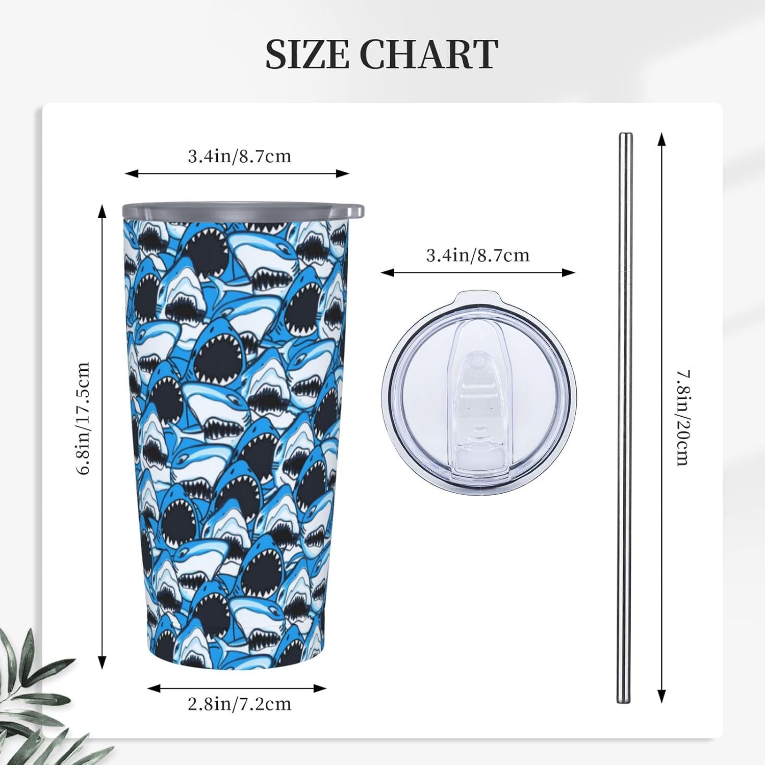 Angry Shark Tumbler, Blue Sharks 20oz Stainless Steel Insulated Travel Tumblers,Travel Coffee Mug with Lid and Straw Cups Gifts for Women Men