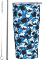 Angry Shark Tumbler, Blue Sharks 20oz Stainless Steel Insulated Travel Tumblers,Travel Coffee Mug with Lid and Straw Cups Gifts for Women Men