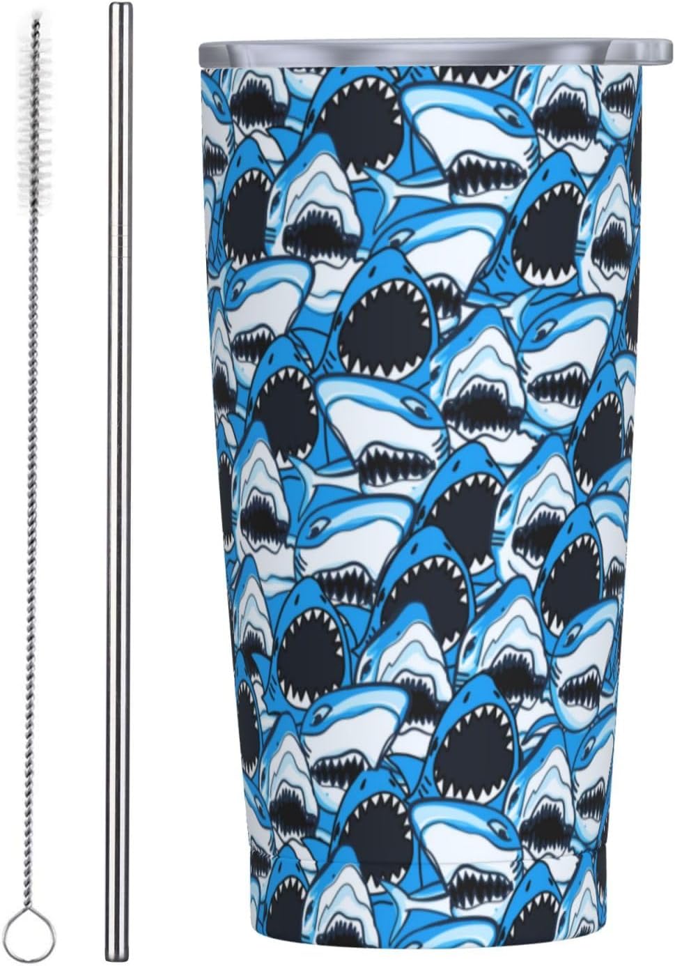 Angry Shark Tumbler, Blue Sharks 20oz Stainless Steel Insulated Travel Tumblers,Travel Coffee Mug with Lid and Straw Cups Gifts for Women Men