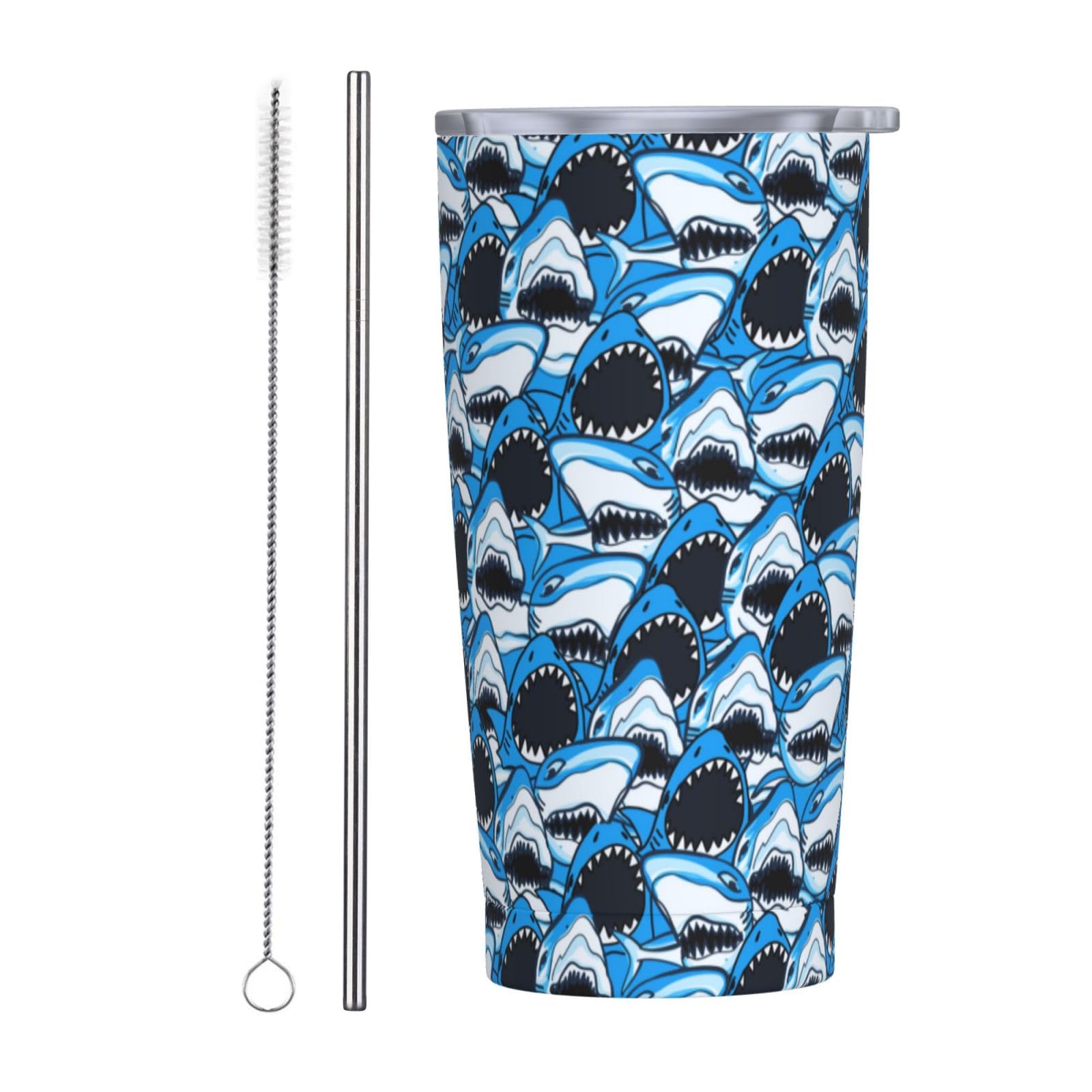 Angry Shark Tumbler, Blue Sharks 20oz Stainless Steel Insulated Travel Tumblers,Travel Coffee Mug with Lid and Straw Cups Gifts for Women Men