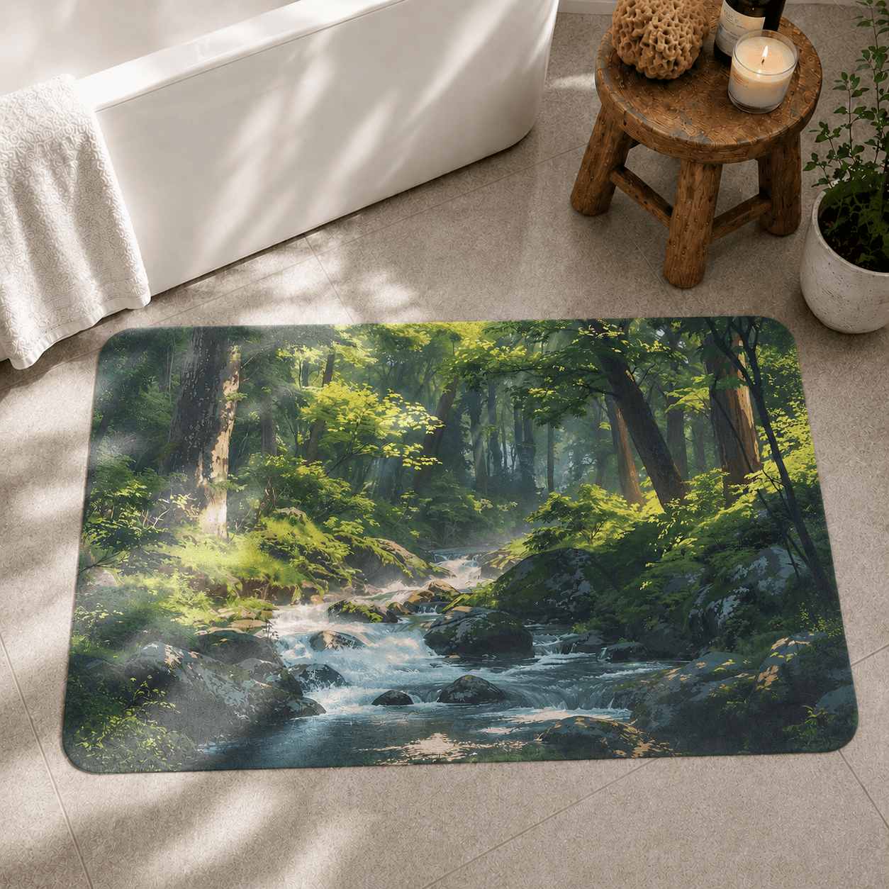 Anime Forest Bath Rug Quick Dry Super Absorbent Non Slip Vibrant Nature Decor