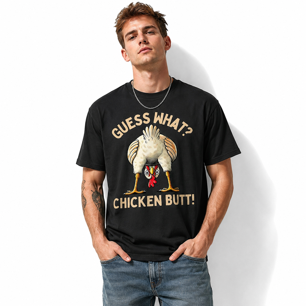 Funny Guess What Chicken Butt Chicken Lover Graphic T-Shirt for Men