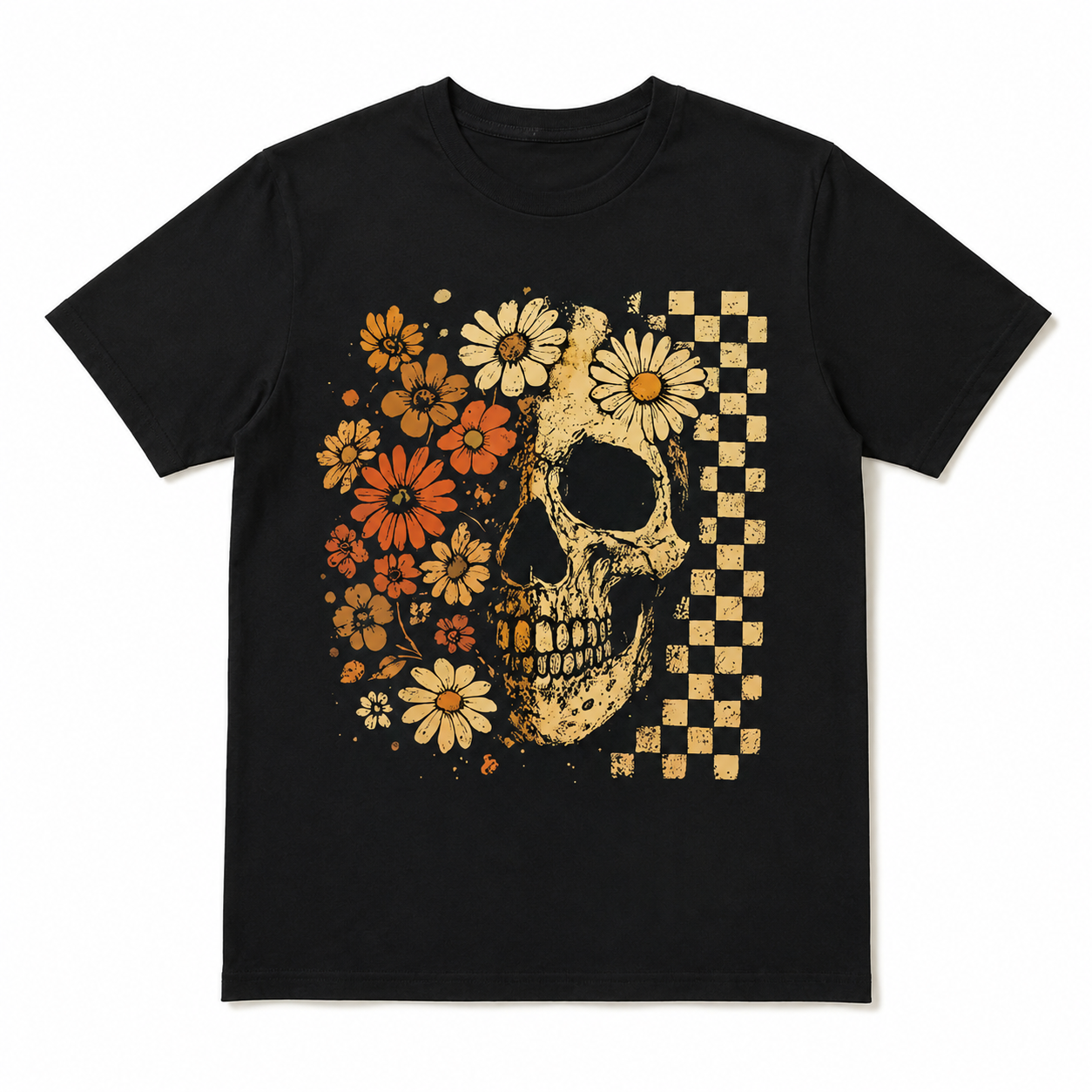 Floral Skull Retro Checkered Gothic Halloween Graphic Men's T-Shirt