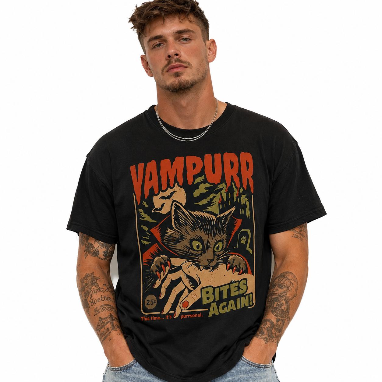 Vampurr Bites Again Vampire Cat Halloween Spooky Vintage Graphic Men's T-Shirt