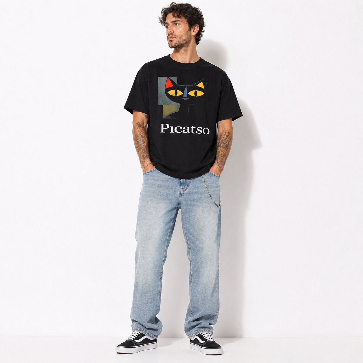 Picatso Funny Cat Art Graphic T-Shirt Cubist Parody Design Tee for Men