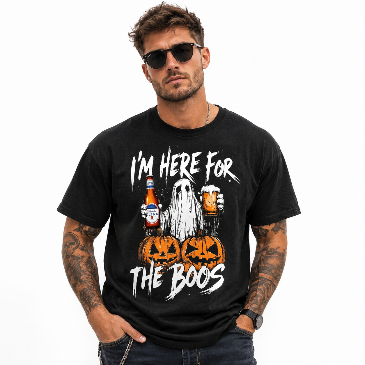 I'm Here for the Boos Ghost Beer Pumpkin Funny Halloween Graphic Men's T-Shirt
