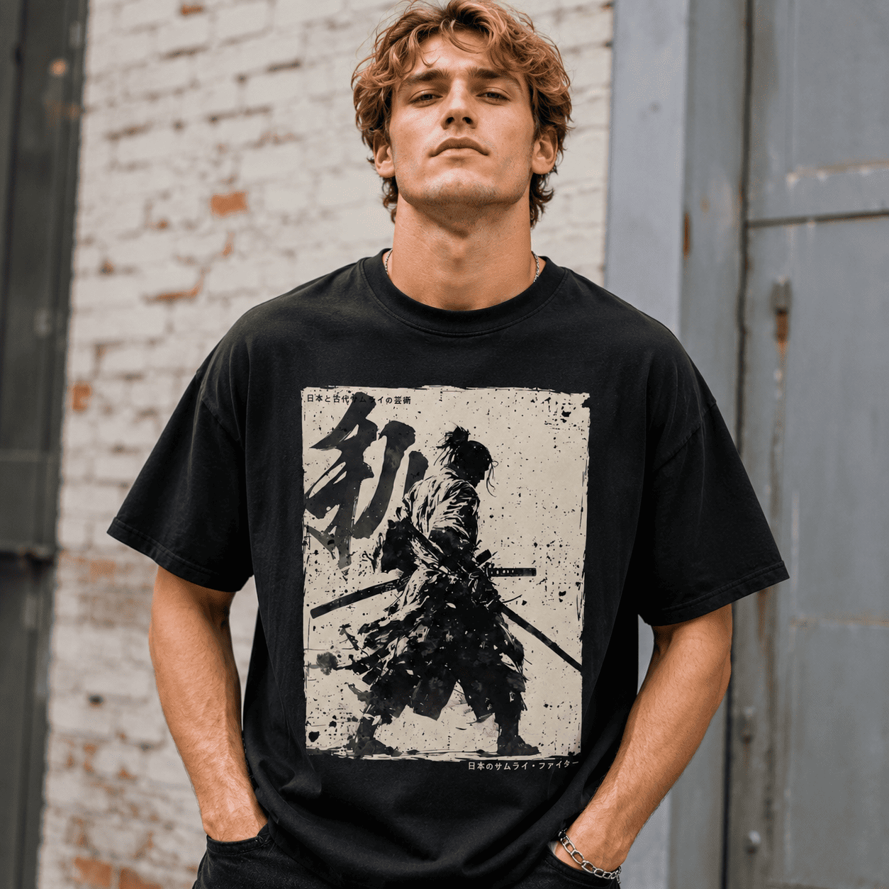 Samurai Warrior Sword Graphic T-Shirt Japanese Calligraphy Streetwear Tee