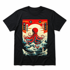 Japanese Octopus Wave Sun T Shirt Anime Style Graphic Travel Casual Tee