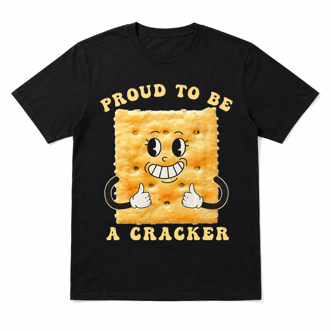 Proud To Be A Cracker Funny Graphic T-Shirt Food Pun Humor Black Tee