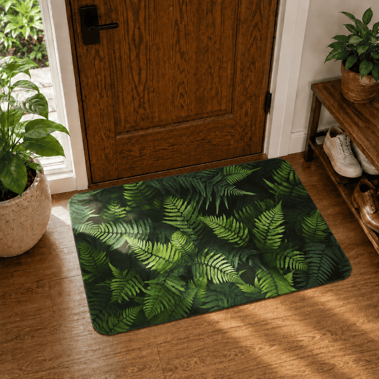 Vibrant Fern Door Mat Quick Dry Super Absorbent Non Slip Botanical Decor