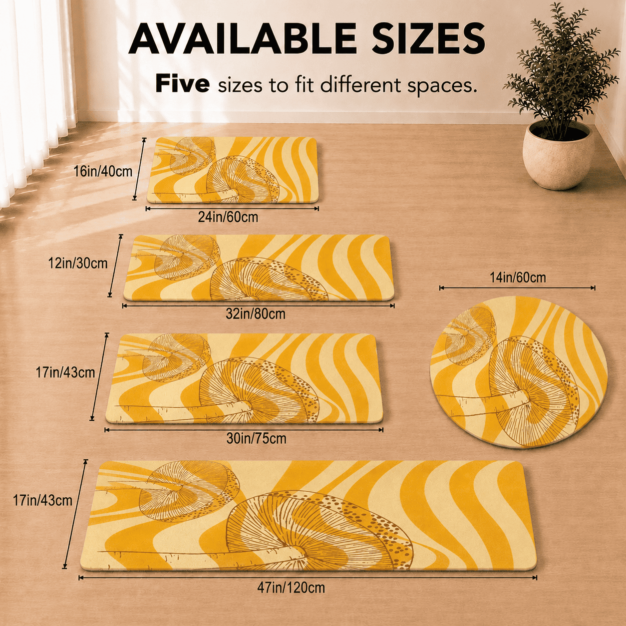 Orange Summer Vibe Modern Rug, Colorful Sunny Doormat, Custom Design Living Room Carpet Gift for New House, Cute Mushroom NonSlip Bathmat