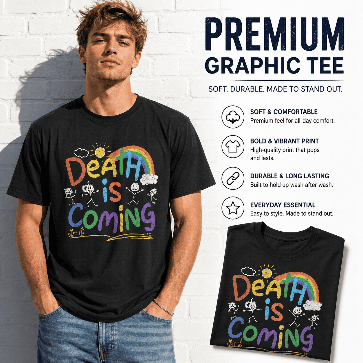 Death Is Coming Funny Dark Humor Rainbow Skeleton Halloween Men's T-Shirt