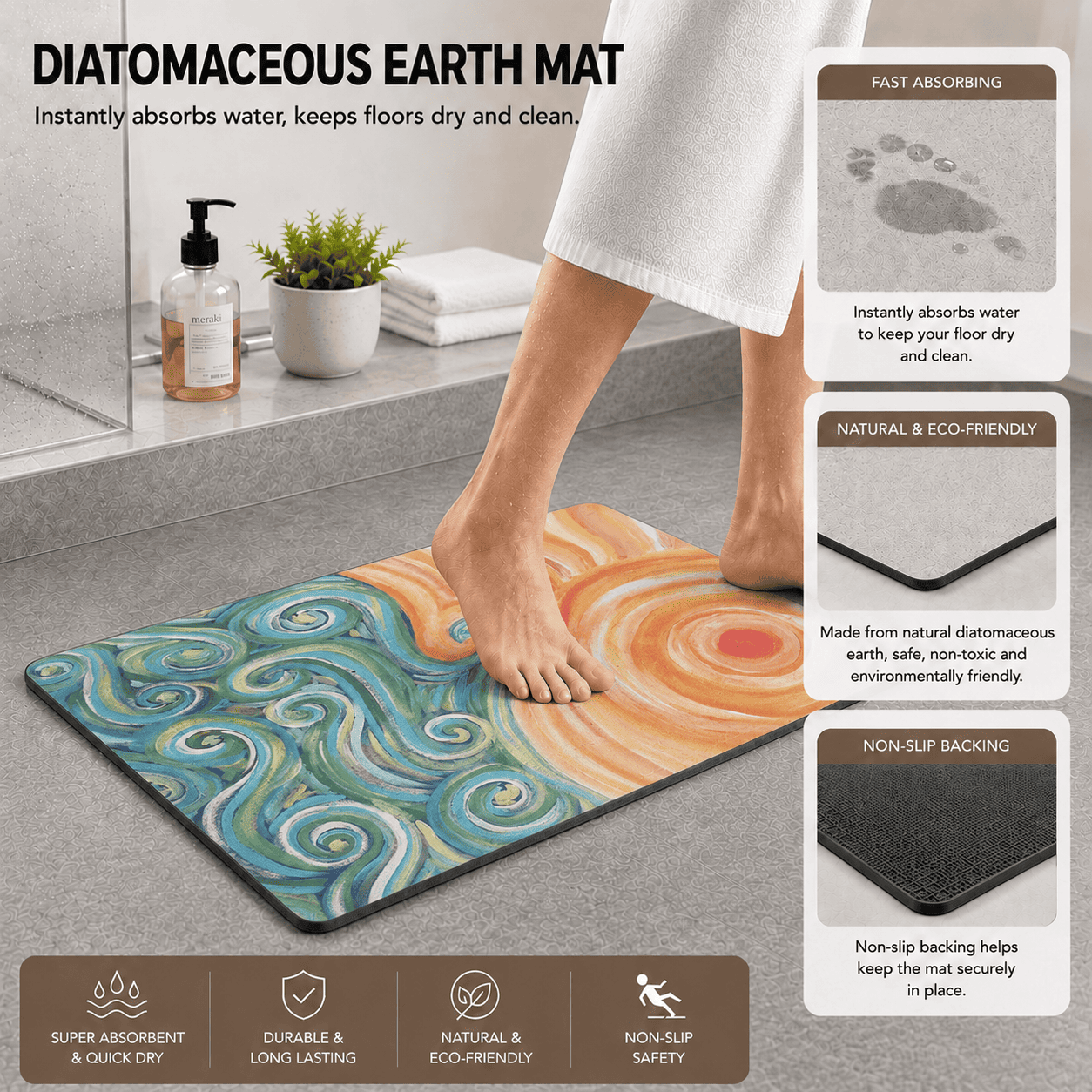 Blue and Orange Summer Vibe Modern Rug, Colorful Doormat, Sun and Sea Custom Design Living Room Carpet, Cute Bathmat, Nonslip Bedroom Rug,