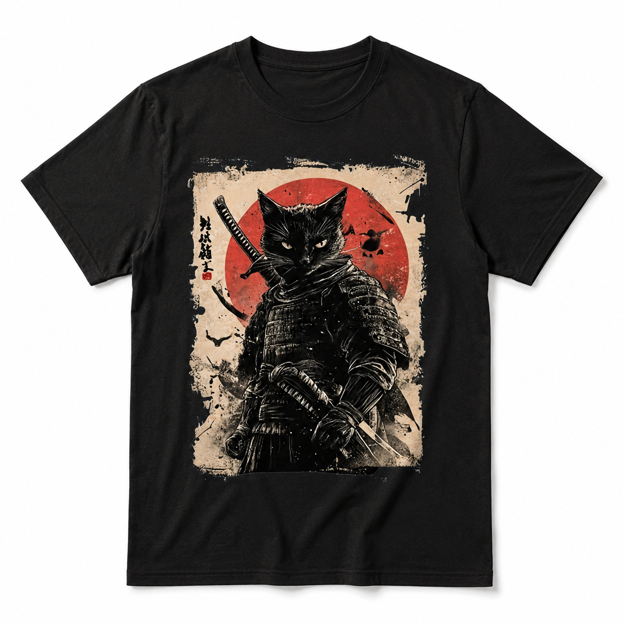Vintage Japanese Samurai Cat Graphic Unisex T-Shirt Anime Style Warrior Art Tee
